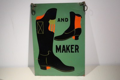 Antique Double Sided Shoemaker Bootmaker Enamel Metal Advertising Shop Sign