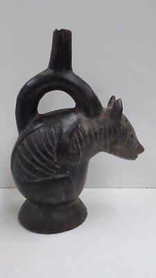 Pre-Columbian Pottery Crouching Animal Stirrup Vessel Chimu Peru South America