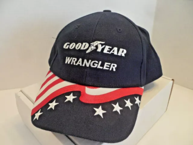 Vintage Good Year Wrangler Red White and Blue Flag and Stars HAT CAP Slide Strap