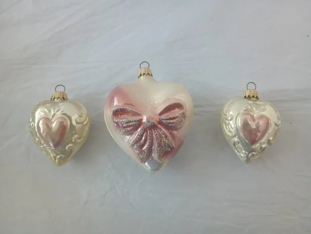 Vintg Germany Hand Blown Pink White Heart Christmas Ornament Lot Victorian Style