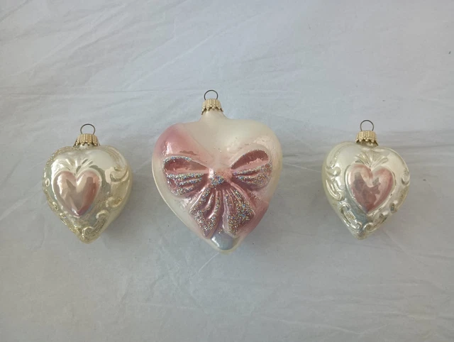 Vintg Germany Hand Blown Pink White Heart Christmas Ornament Lot Victorian Style