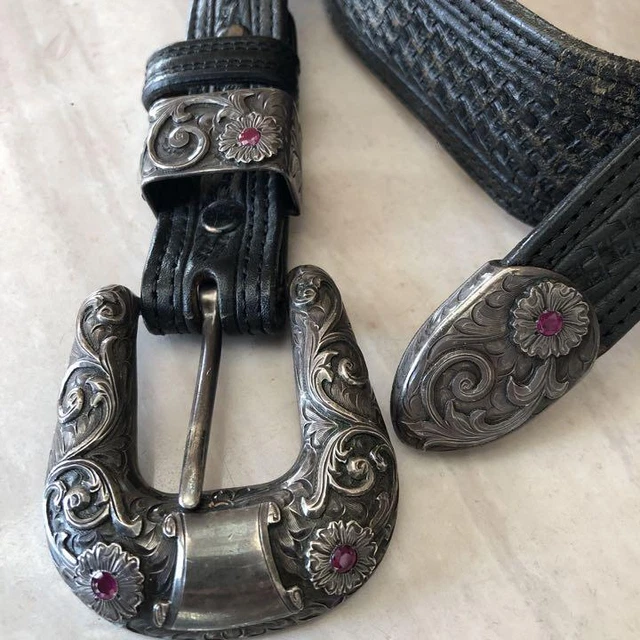 VOGT western belt sterling 925 silver ruby mens black leather accessories
