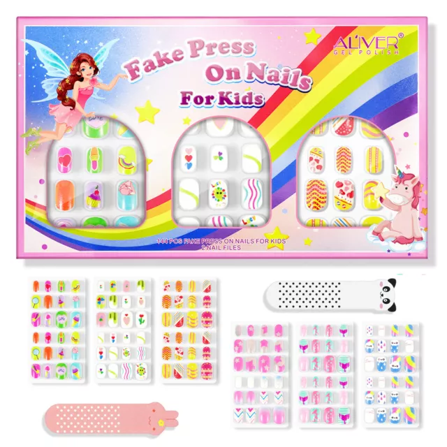 144 Fake Press on Nail Kids Kit Children Colors False Art Set Gift Girls Acrylic