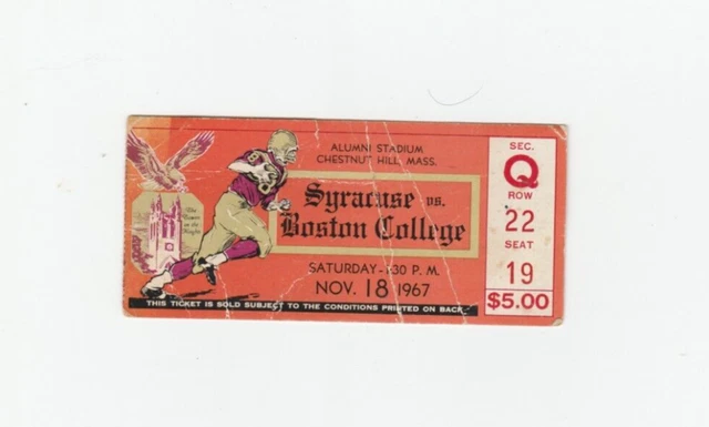 SYRACUSE vs BOSTON COLLEGE FOOTBALL NOV. 18, 1967 TICKET- CHESTNUT HILL, Mass