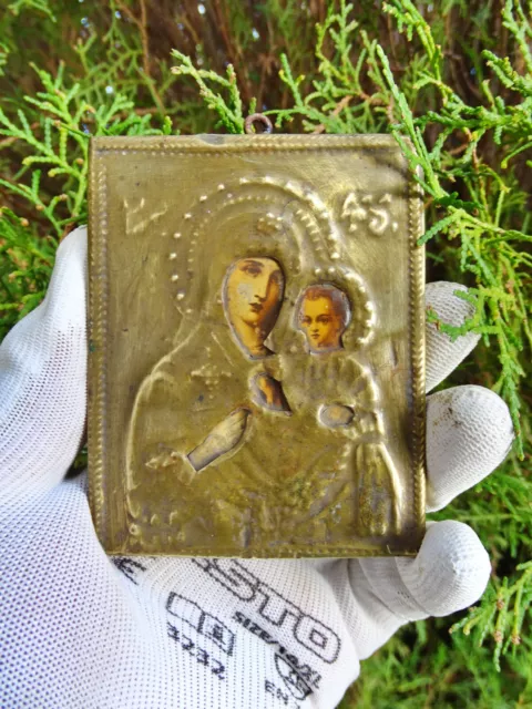 Antique Russian Orthodox Traveling Icon Virgin Mary and Child 1HB