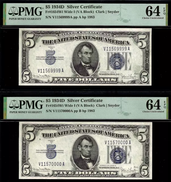1934D $5 Silver Certificate Rollover Pair PMG 64EPQ rollover 11569999 11570000