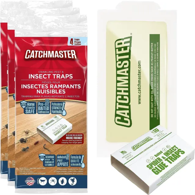 Insect Glue Trap by Catchmaster - 3 Pack 4 Count (12 Traps Total) Pre-Baited