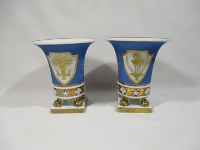 Ancienne Paire Vase Cornet Epoque Empire Porcelaine De Paris Decor Or Fin 3