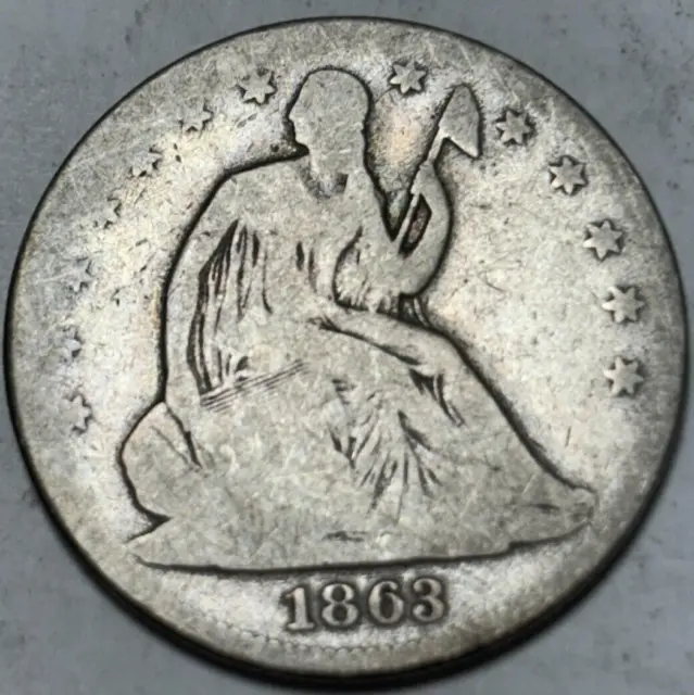 1863-P 50c Seated Liberty Half Dollar. Lower Grade Circulated Example.