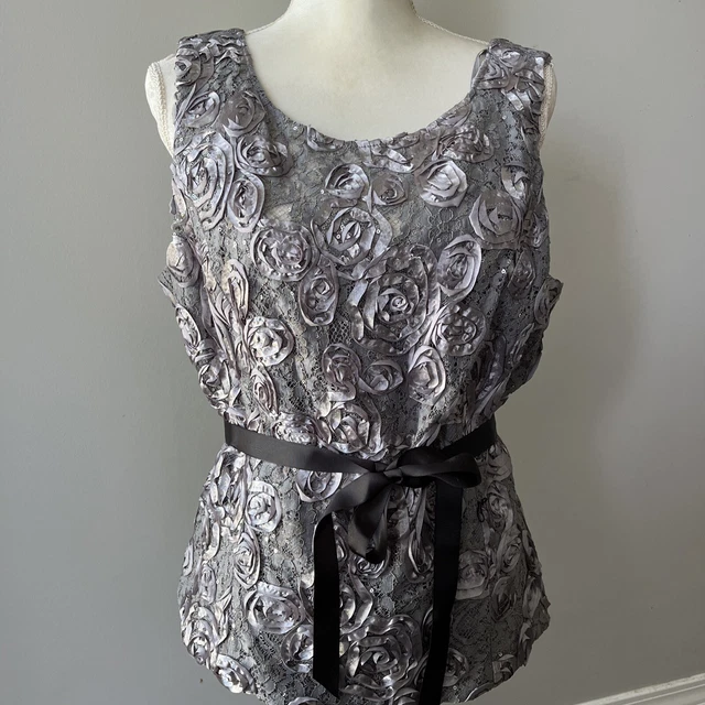 Alex Evenings XL Sleeveless Top Gray Silver Lace & Sequins Black Ribbon Sash Zip