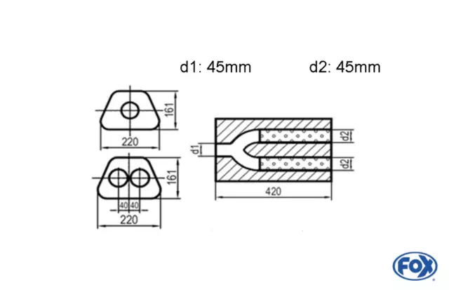 Uni-Schalldämpfer trapezoid zweiflutig mit Hose - Abw. 644 220x161mm, d1Ø 45mm d