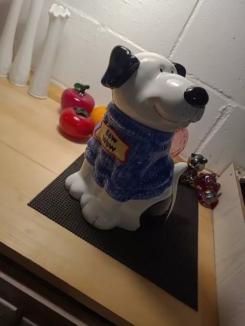 Bow Wow Dog Ceramic Cookie Jar Blue Knit Sweater New in Box 11'