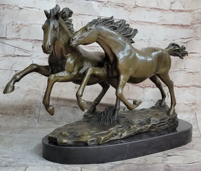 Elegant Equestrian Art Two Horses Running Playing Bronze Marble Sculpture Decor