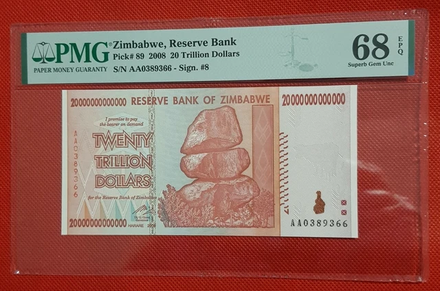 2008 Zimbabwe 20 Trillion Dollars Graded Pmg 68 Superb Gem Unc Note Aa 0389366