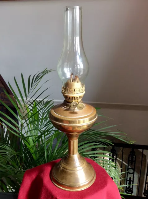 Antique Vintage Large Twin Burner Ornate Brass Oil Lamp,Glass Funnel,52cm Tall