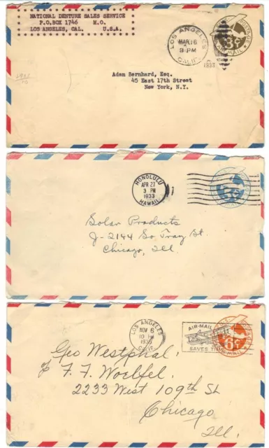 Us 1933-5 Three Air Post Stamp Envelope One Honolulu, Hawaii 5, 6 & 8¢