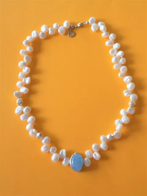 NEU - Collier Kette Süsswasserperlen Aquamarin 925/-Silber