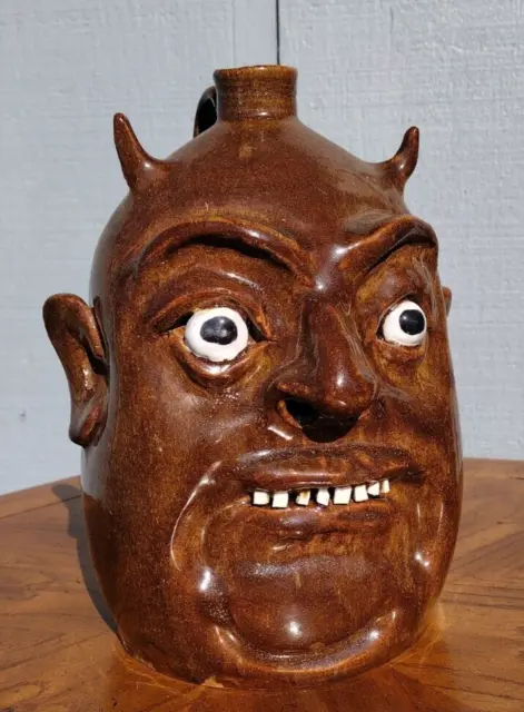 Marvin Bailey Pottery Face Jug Primitive Folk Art Wide eye Devil Southern 9"