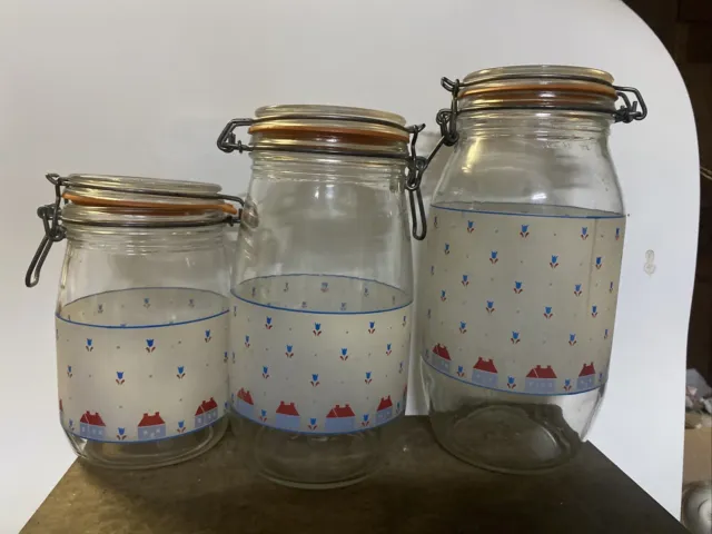 Glass Jar Canister set of 3 Wire Bail Lid Arc France Country Set