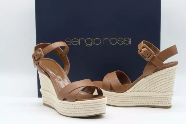 Sergio Rossi Women's  Leather Wedge Platform Brown Sandals Size US 5.5 New $575