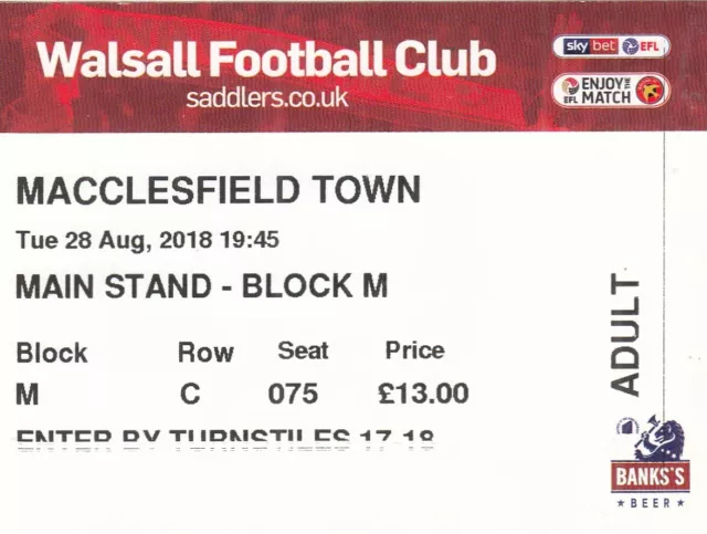 Ticket - Walsall v Macclesfield Town 28.08.18