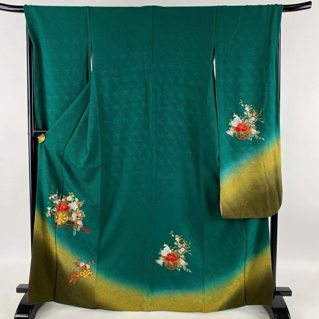 Japanese Kimono Furisode Pure Silk Flower Cart Embroidery Tie Dye Deep Green