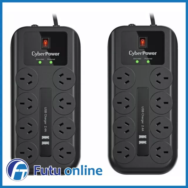 TWIN PACK CyberPower 8 Way Outlet Surge Protector Power Board USB 2 PACK