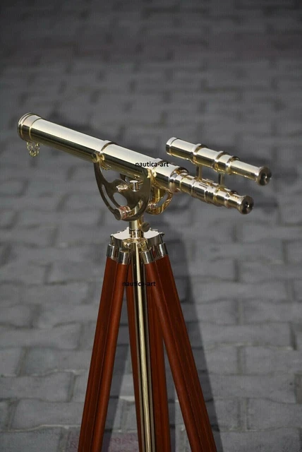 Brass Double Barrel Telescope With Wooden Tripod Stand 20" Marine Nautical Navy