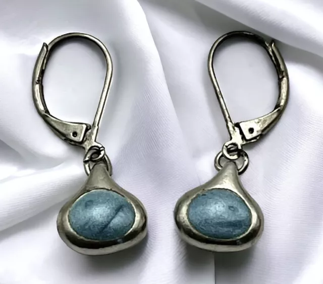 Tiny Blue Swirl Enamel and Silver Tone Teardrop French Wire Pierced Earrings .5"