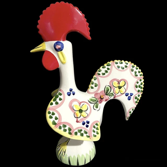 Vintage 1980s Folk Art Portugal Lucky Rooster Ceramic Hand Painted Figurine 9.5"