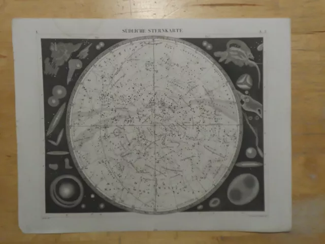 Orig.(1849) Stahlstich G. Heck Nr. 201 Südliche Sternkarte Astronomie