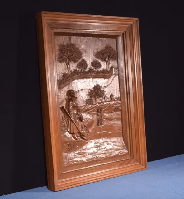 *Large French Antique Deep Carved Framed Panel in Solid Walnut Wood Breton 3