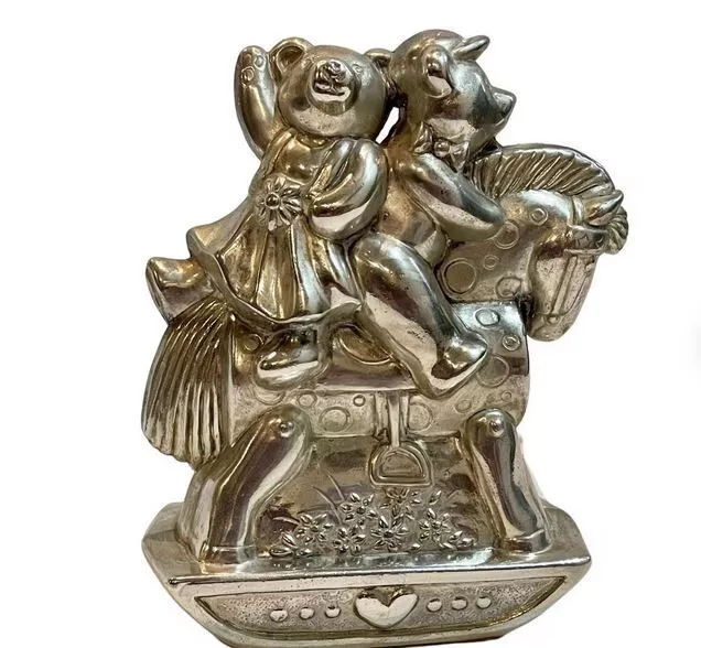 Lenox Kirk Stieff Col. Teddy Bears on Rocking Horse Silverplate Coin Piggy Bank