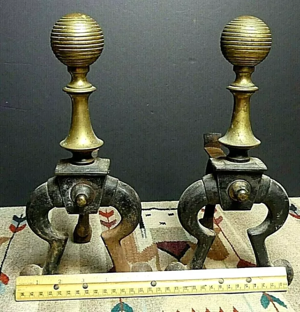 19th Century American Federal Brass Beehive and Iron Fireplace Andirons Chenets