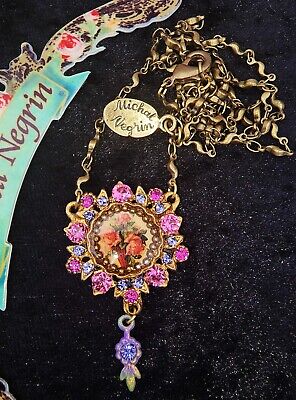 Michal Negrin Pendant Necklace Victorian Roses Cameo Pink Purple Handmade