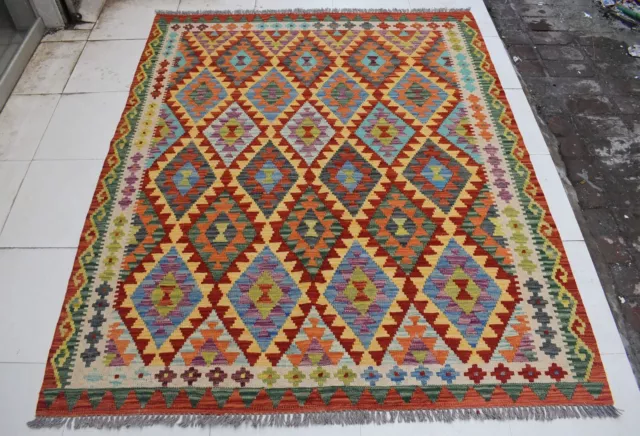 5'4 x 6'5 Handmade afghan tribal khotrang wool area kilim rug, 5x7 persian rug