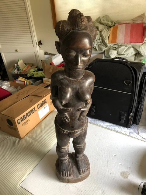 Vintage African tribal art Baoule Ivory Coast hand carved wooden female statue