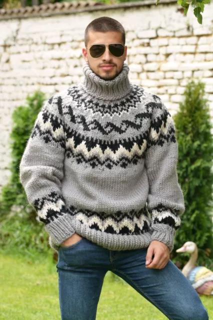 GRAY ICELANDIC WOOL Sweater Hand Knitted Jumper Turtleneck Norwegian ...