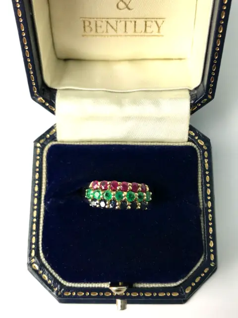 Half Eternity Ruby Sapphire & Emerald 9ct Gold Tricolour Gemstone Ring - Size Q