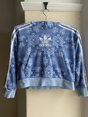 Adidas Cropped Hoodie Blue Floral Pattern Kids Size 8-9 Years Trefoil Logo