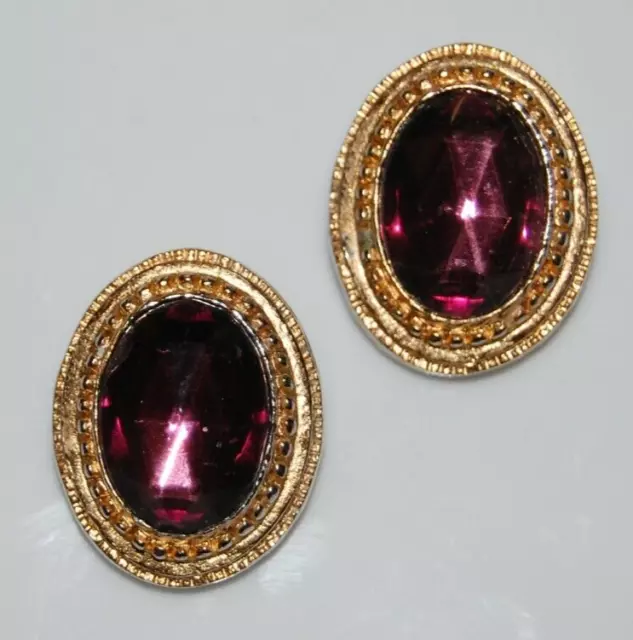 Elegant Vtg Dauplaise Oval Purple Crystal Golden Byzantine Style Clip Earrings