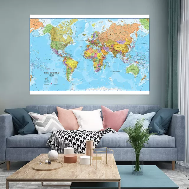 Large Political World Map Poster Wall Backdrop Art Prints Home Office Decoration