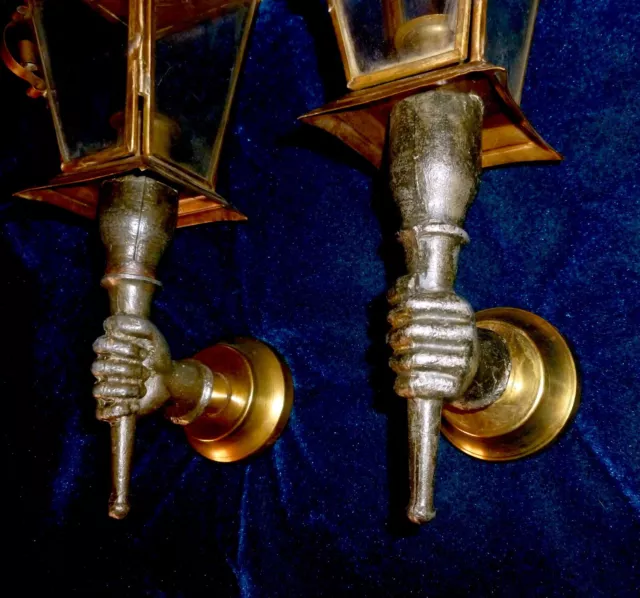 Pair Antique 1950 Artisanal French Hand Torch Wall Sconces Lanterns Brass/ Iron