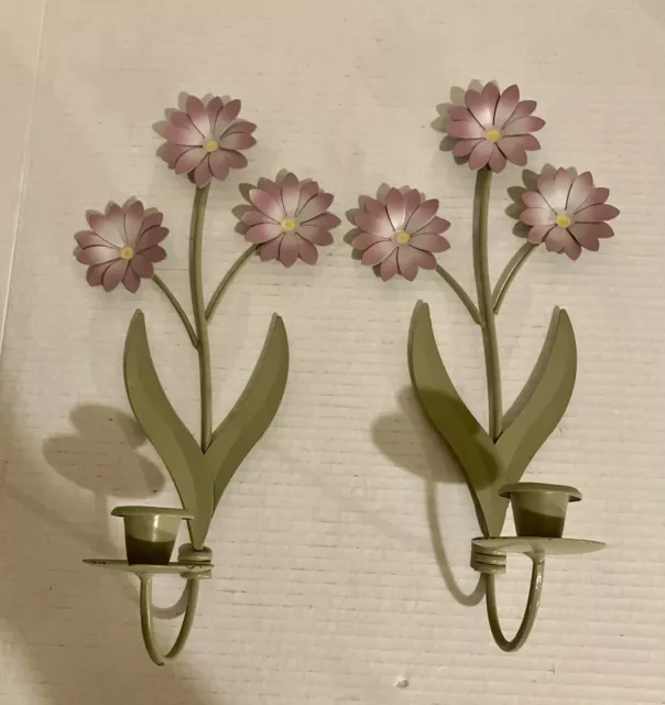 Set 2 Metal Taper Candle Holders Wall Sconces Pink Daisies Stems 13” Mexico