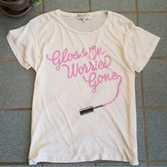 Wildfox Women's Size Small Tee Gloss On Worries Gone Cream & Pink Top