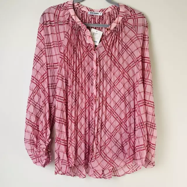 Just Jeans Pink Check Blouse Top Size 12 Women's Long Sleeve Sheer BNWT