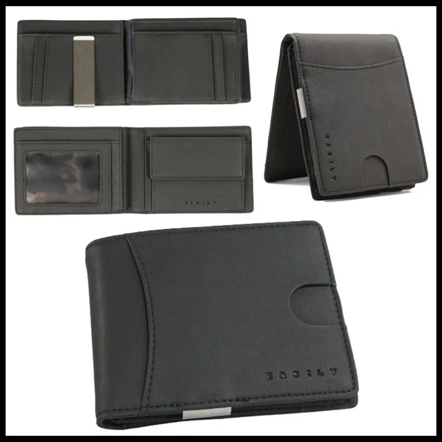 Portafoglio sottile minimalista da uomo con fermasoldi con blocco RFID, tasca frontale in vera pelle