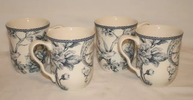 222 Fifth Adelaide Blue Porcelain Coffee Mugs Floral & Birds Set of Four New