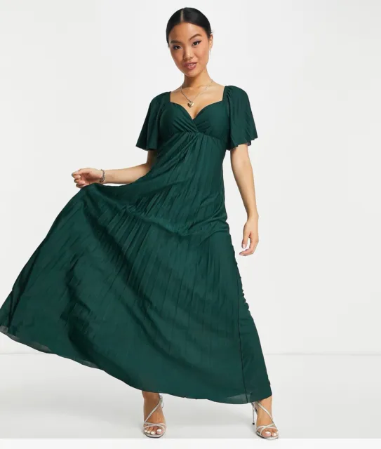 ASOS DESIGN Petite Pleated Twist Back Cap Sleeve Green Sz 14 Maxi Dress