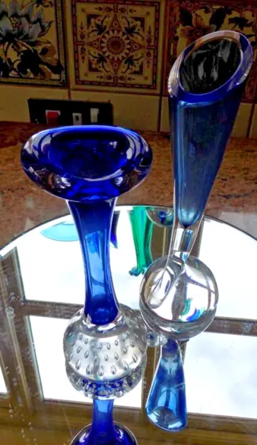 Vintage Aseda Scandinavian Art Glass Jack in the Pulpit Bud & horn vase blue